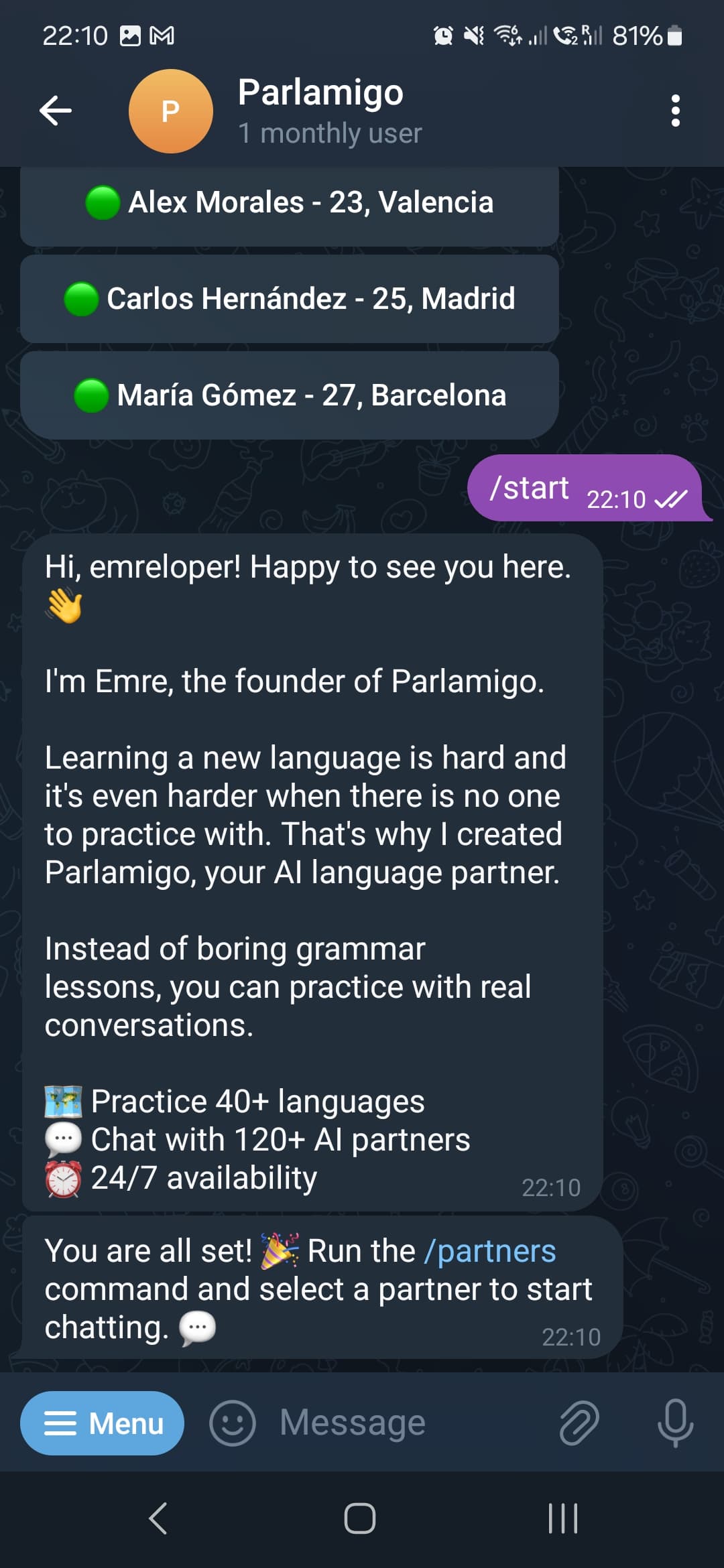 Parlamigo Telegram Chat